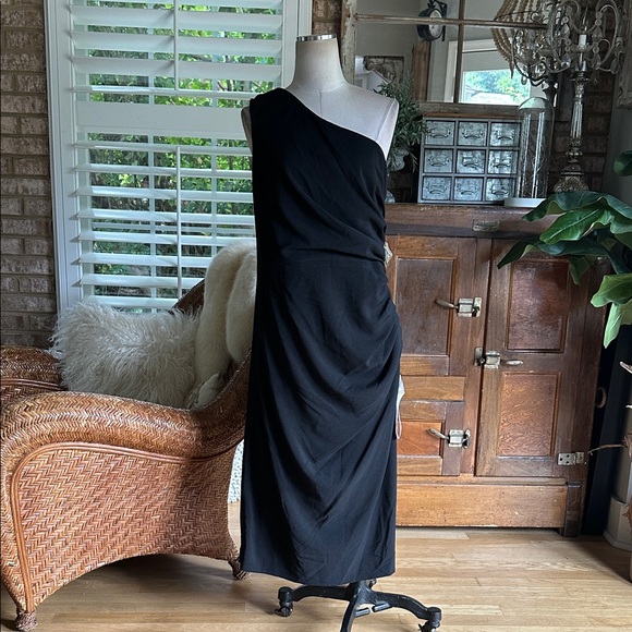 DRESS THE POPULATION BLACK ONE SHOULDER DRESS SIDE RUCHING BODYCON XXL NEW - Picture 1 of 11